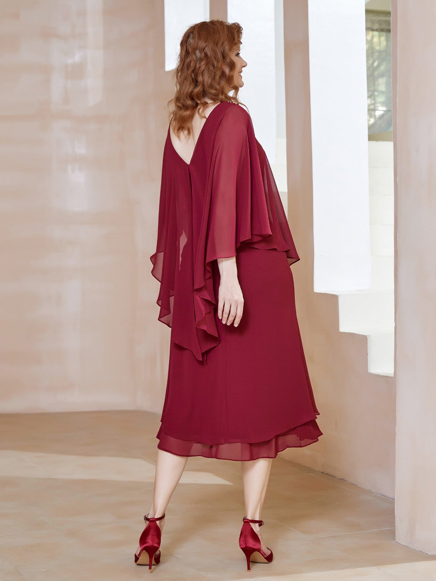 Babaroni Mother Dresses Chiffon V-Neck Flutter Sleeves Dress Burgundy