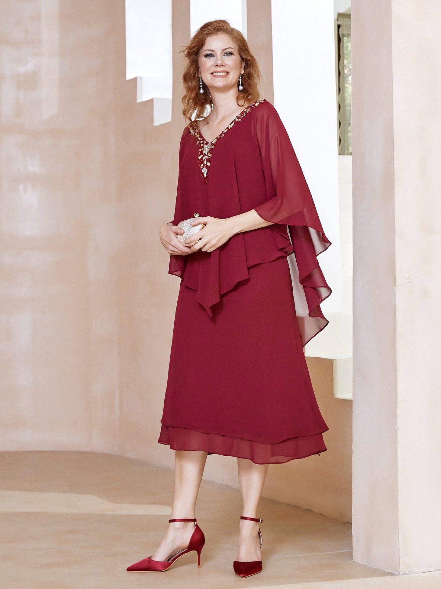 Babaroni Mother Dresses Chiffon V-Neck Flutter Sleeves Dress Burgundy