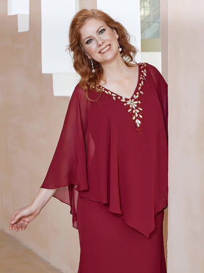 Babaroni Mother Dresses Chiffon V-Neck Flutter Sleeves Dress Burgundy