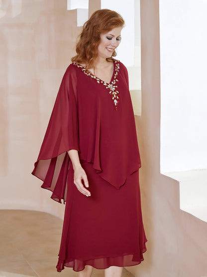 Babaroni Mother Dresses Chiffon V-Neck Flutter Sleeves Dress Burgundy