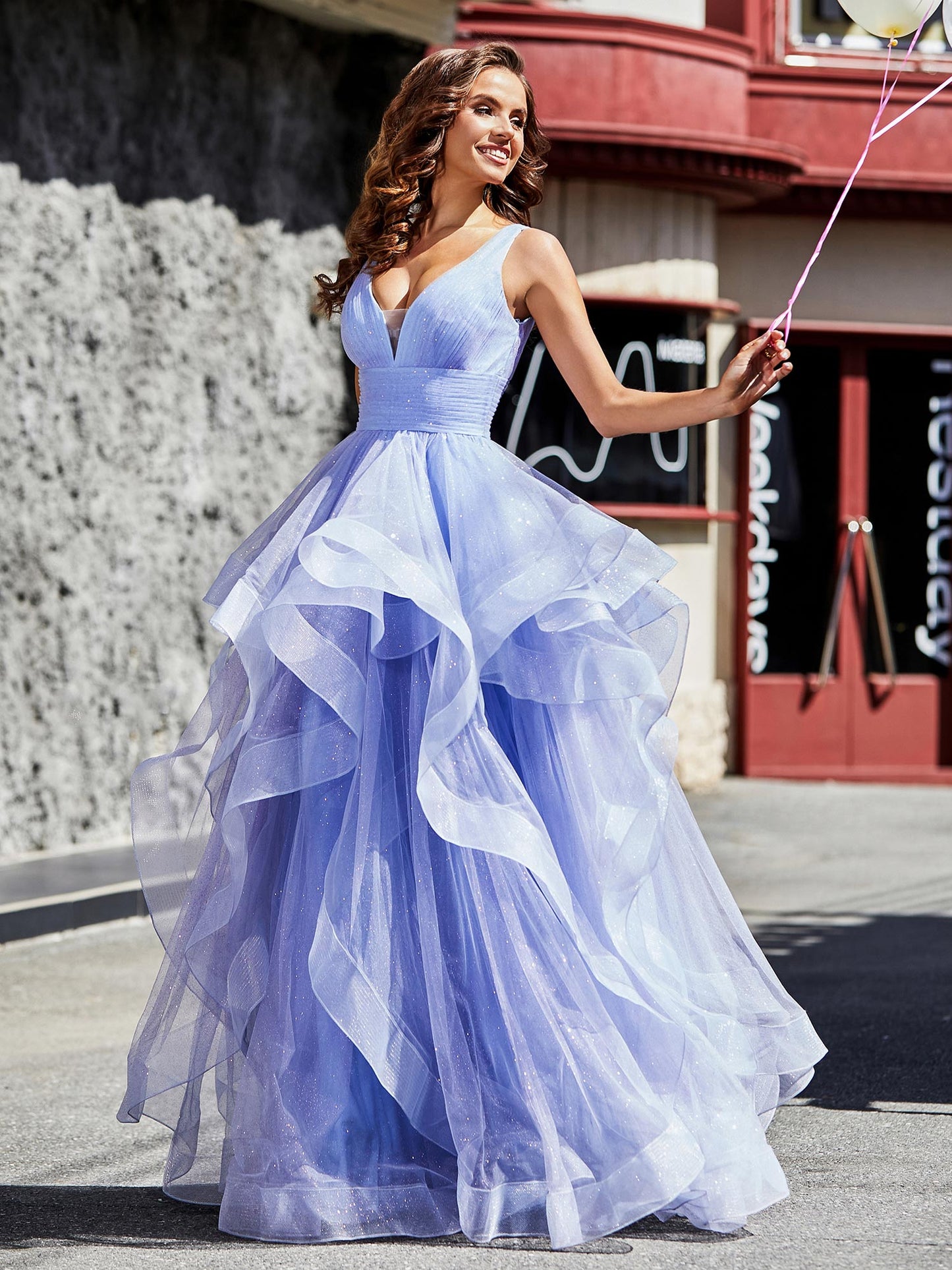 Babaroni Prom Dresses V-Neck Sleeveless Tulle Ball Gown Lavender