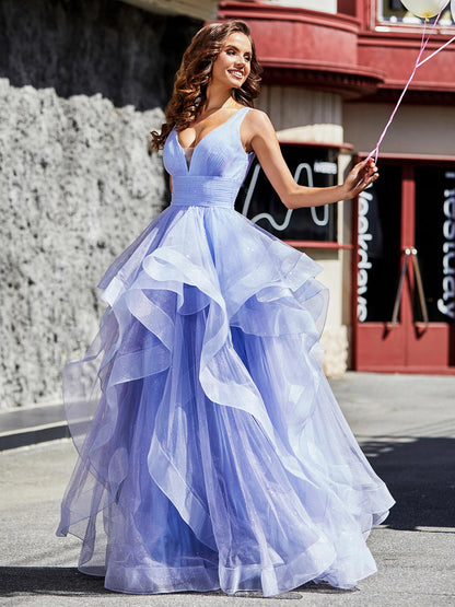 Babaroni Prom Dresses V-Neck Sleeveless Tulle Ball Gown Lavender