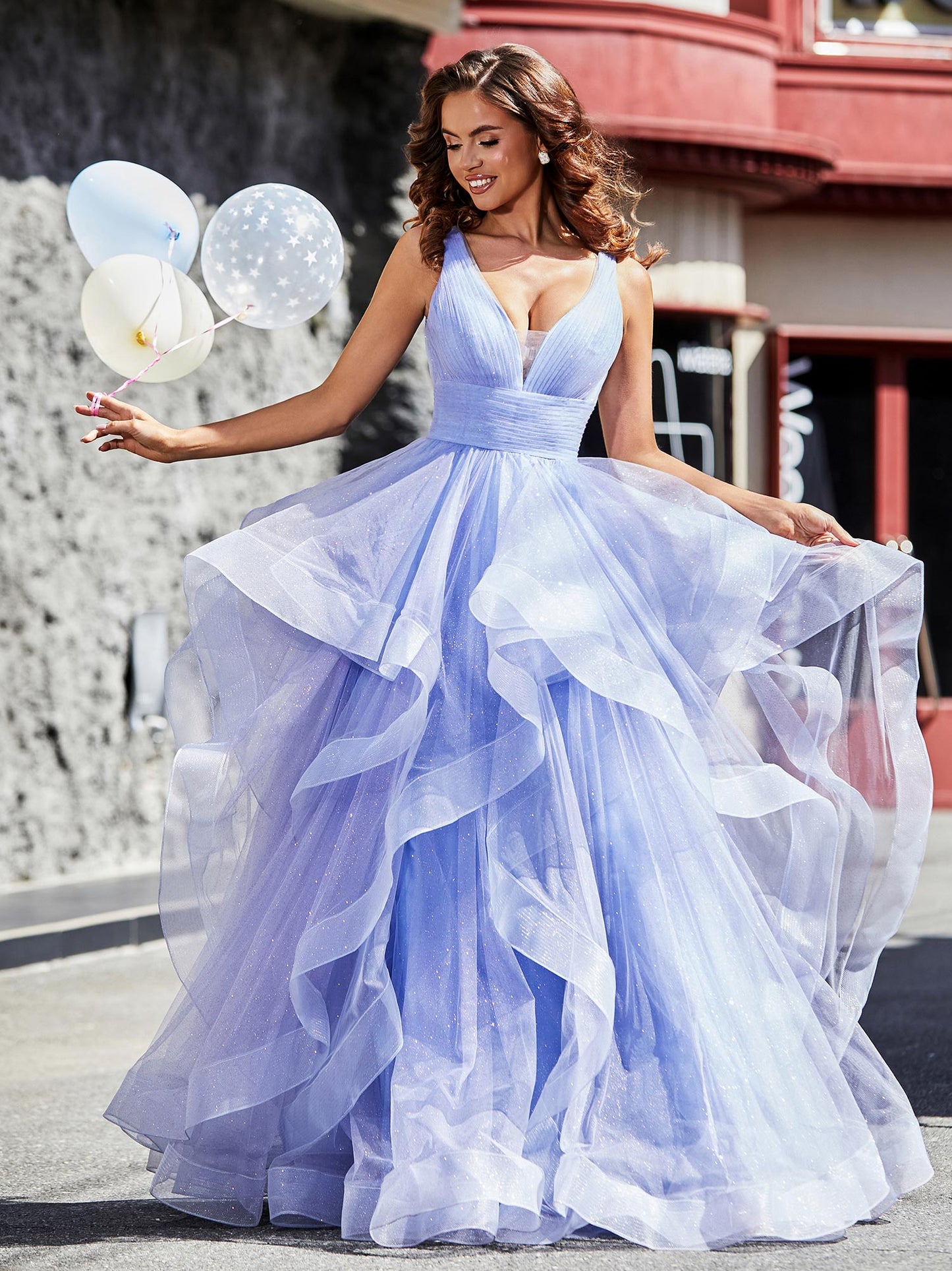 Babaroni Prom Dresses V-Neck Sleeveless Tulle Ball Gown Lavender