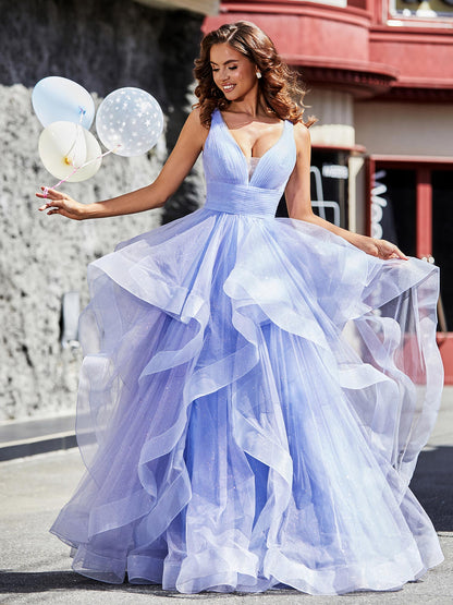 Babaroni Prom Dresses V-Neck Sleeveless Tulle Ball Gown Lavender