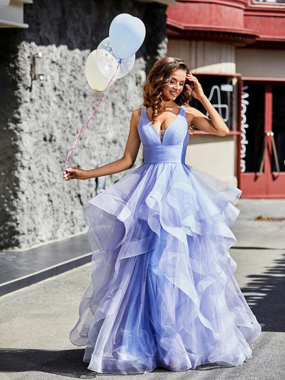 Babaroni Prom Dresses V-Neck Sleeveless Tulle Ball Gown Lavender