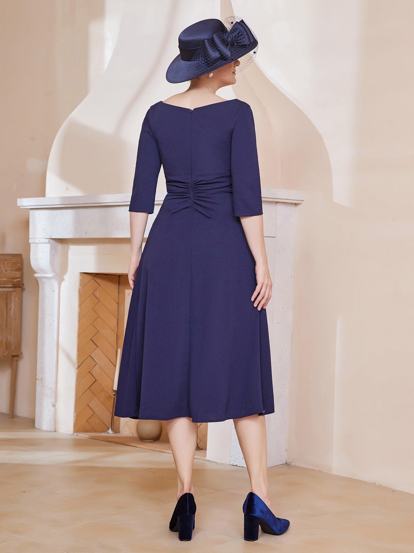 V-Neck Pleated A-line Dress Dark Navy
