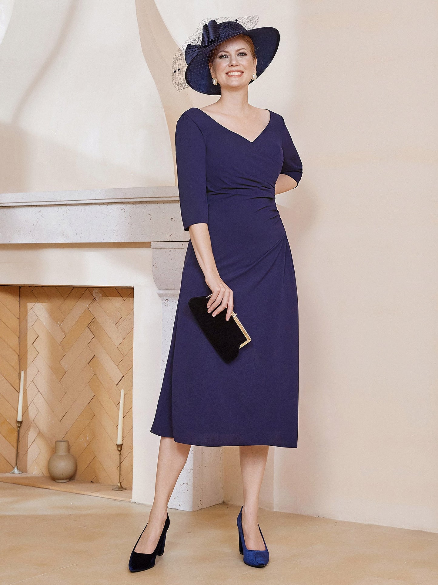 V-Neck Pleated A-line Dress Dark Navy