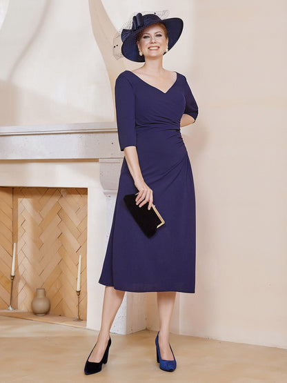V-Neck Pleated A-line Dress Dark Navy