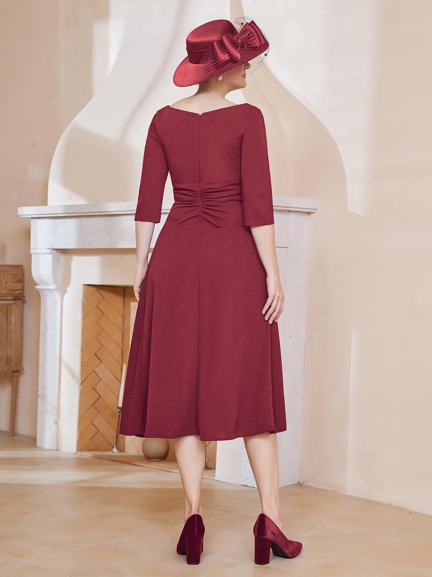 V-Neck Pleated A-line Dress Burgundy