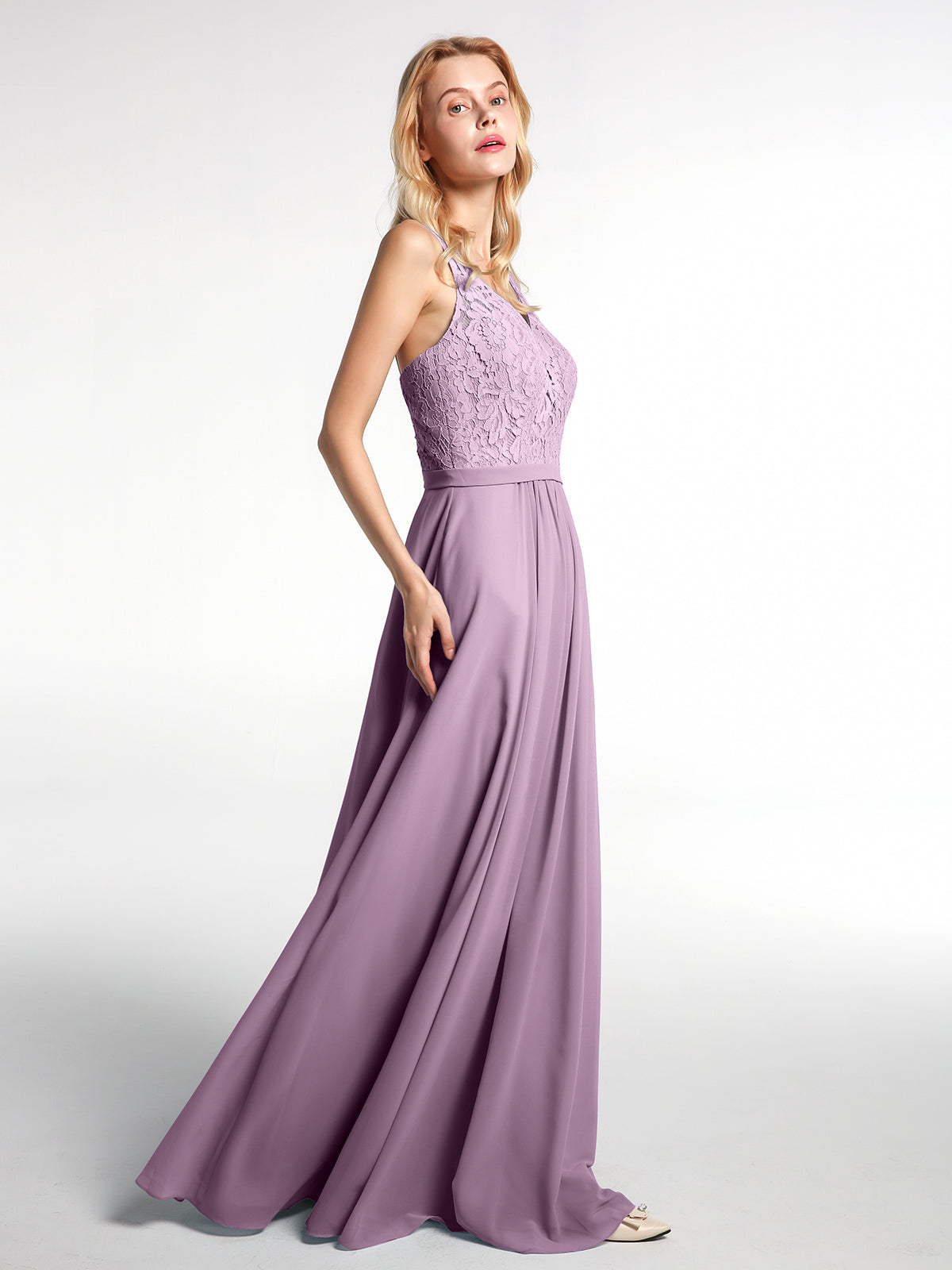 Lace Bodice Chiffon Skirt Maxi Dress with V-neck-Wisteria