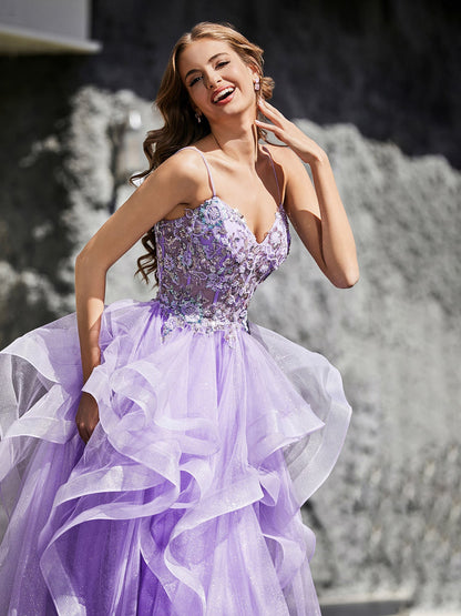 A Line Beaded Top Tulle Ball Gown Lilac