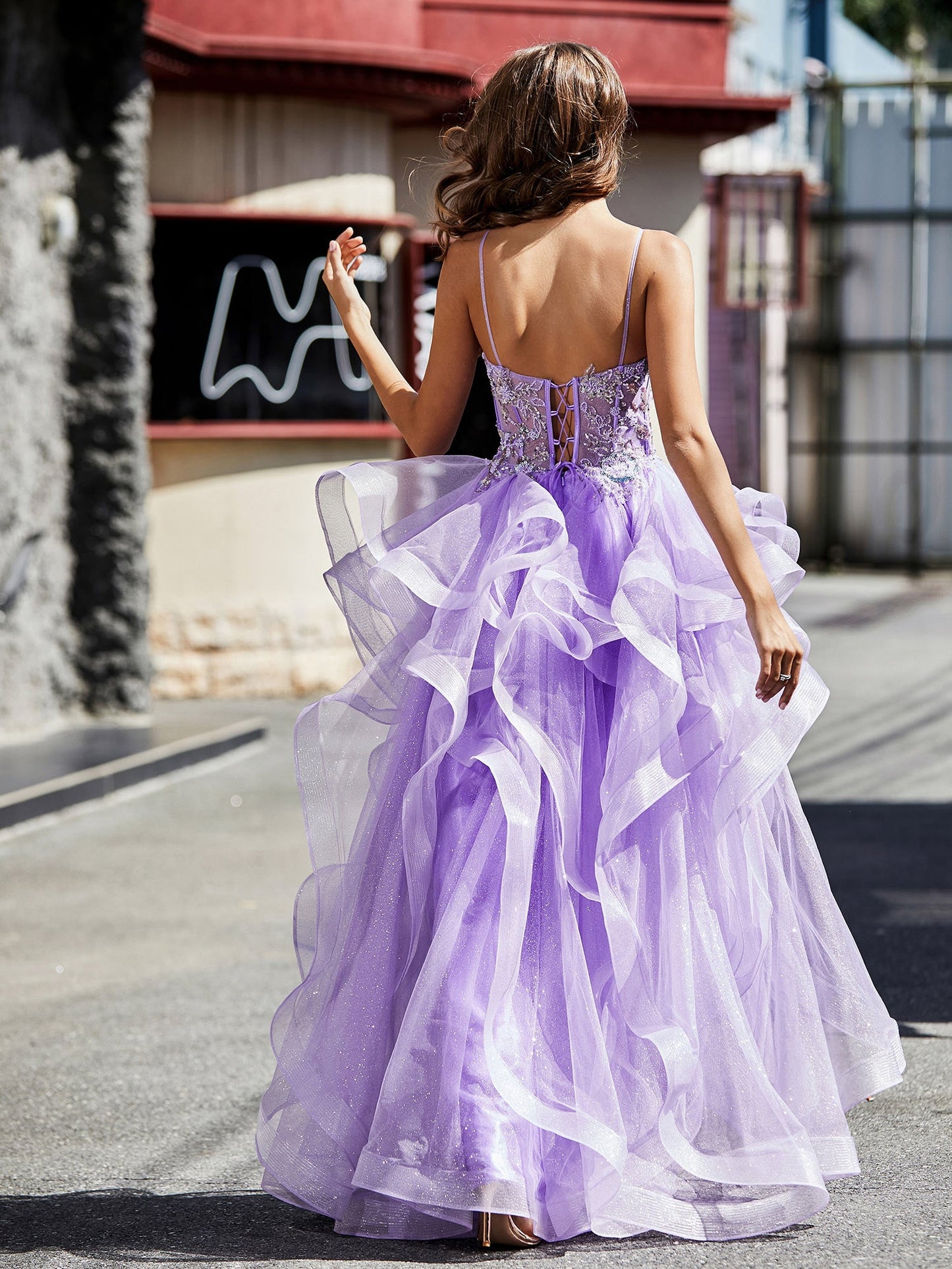 A Line Beaded Top Tulle Ball Gown Lilac