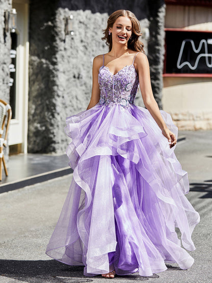 A Line Beaded Top Tulle Ball Gown Lilac