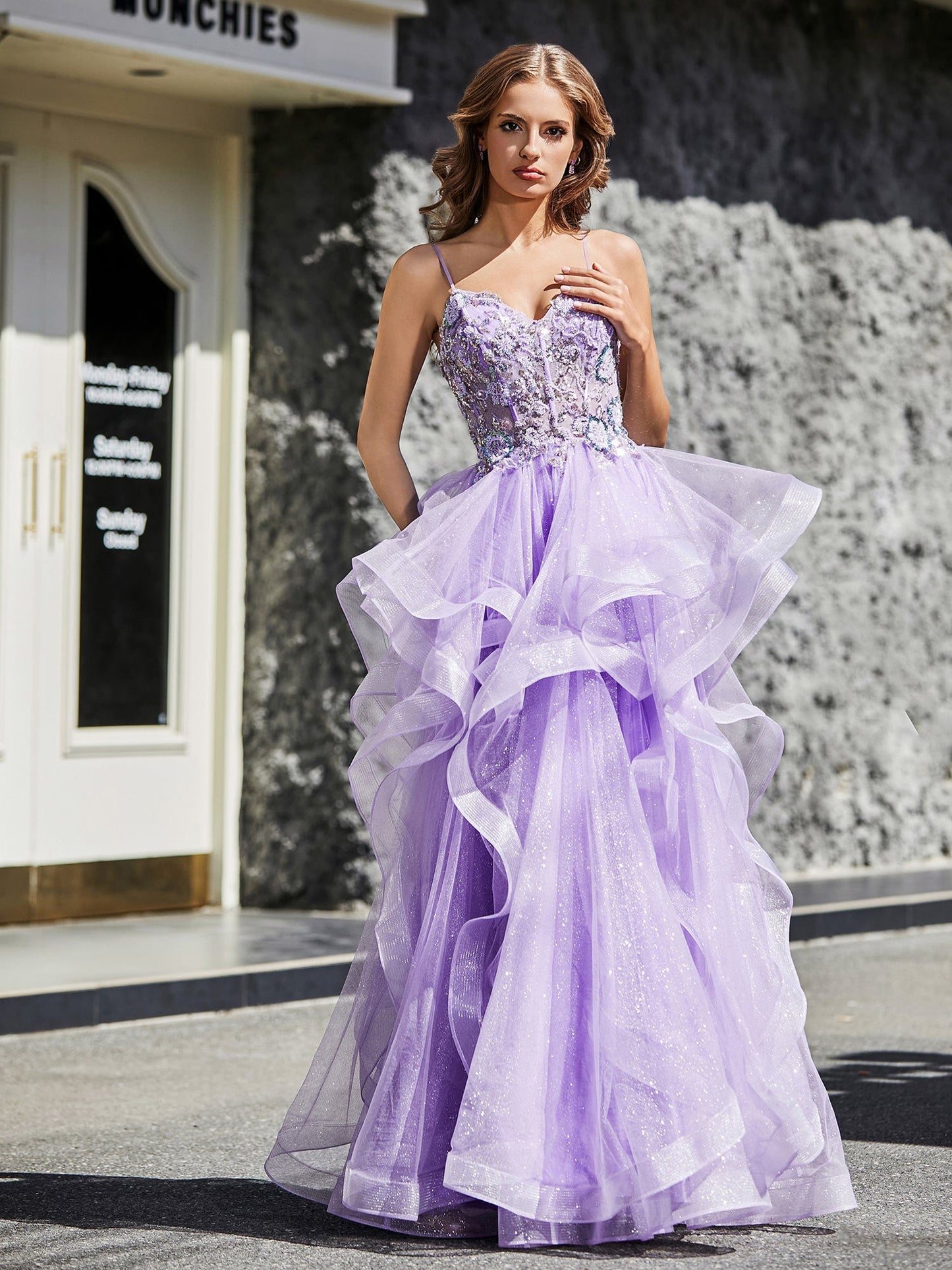 A Line Beaded Top Tulle Ball Gown Lilac