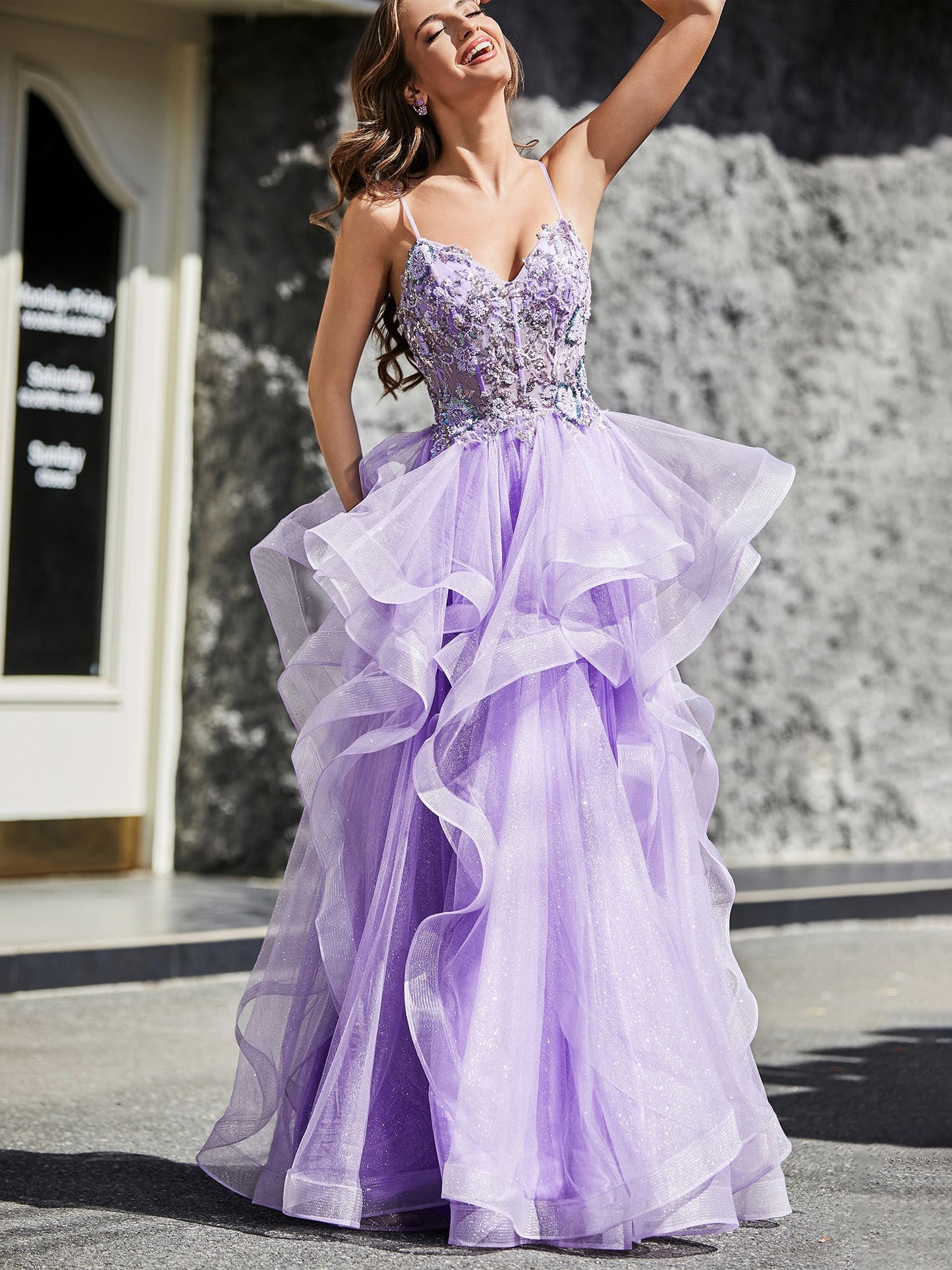 A Line Beaded Top Tulle Ball Gown Lilac