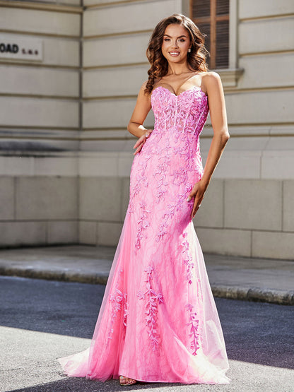 Strapless Lace Up Back Mermaid Tulle Gown Pink