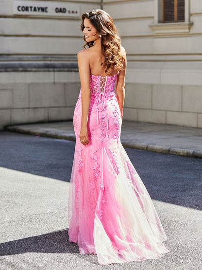 Strapless Lace Up Back Mermaid Tulle Gown Pink