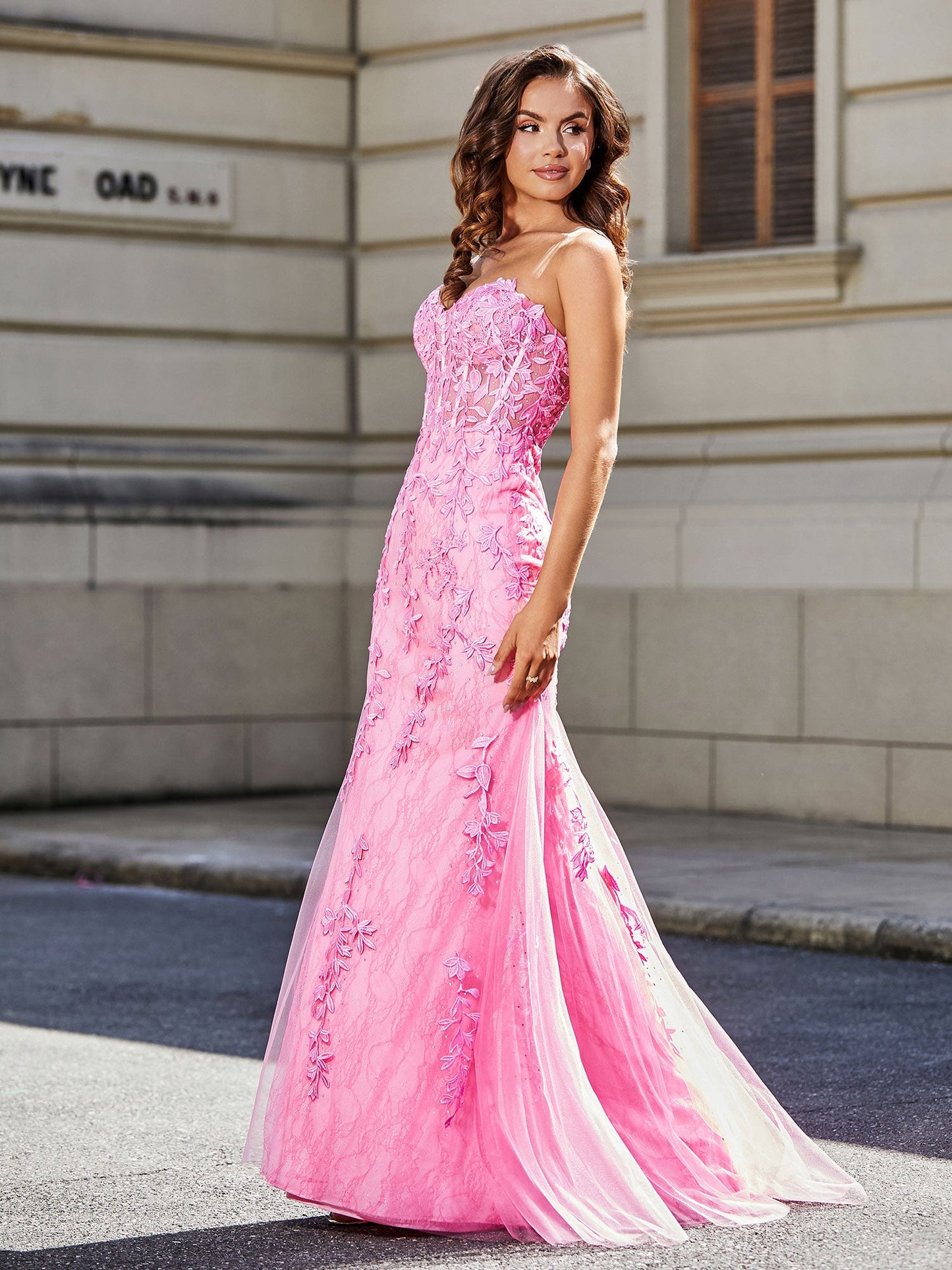 Strapless Lace Up Back Mermaid Tulle Gown Pink