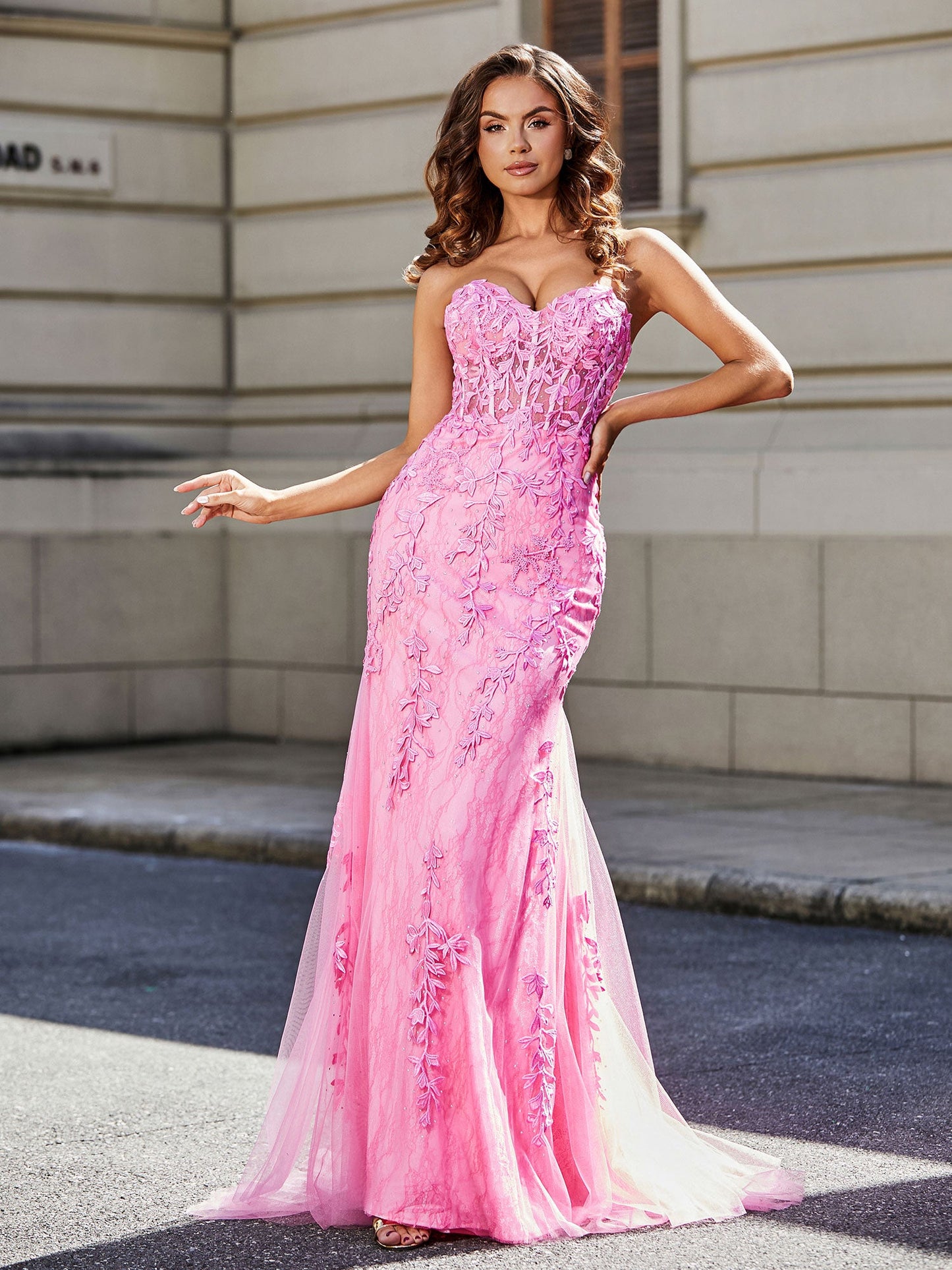 Strapless Lace Up Back Mermaid Tulle Gown Pink