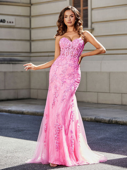 Strapless Lace Up Back Mermaid Tulle Gown Pink