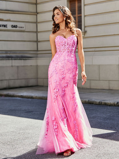Strapless Lace Up Back Mermaid Tulle Gown Pink