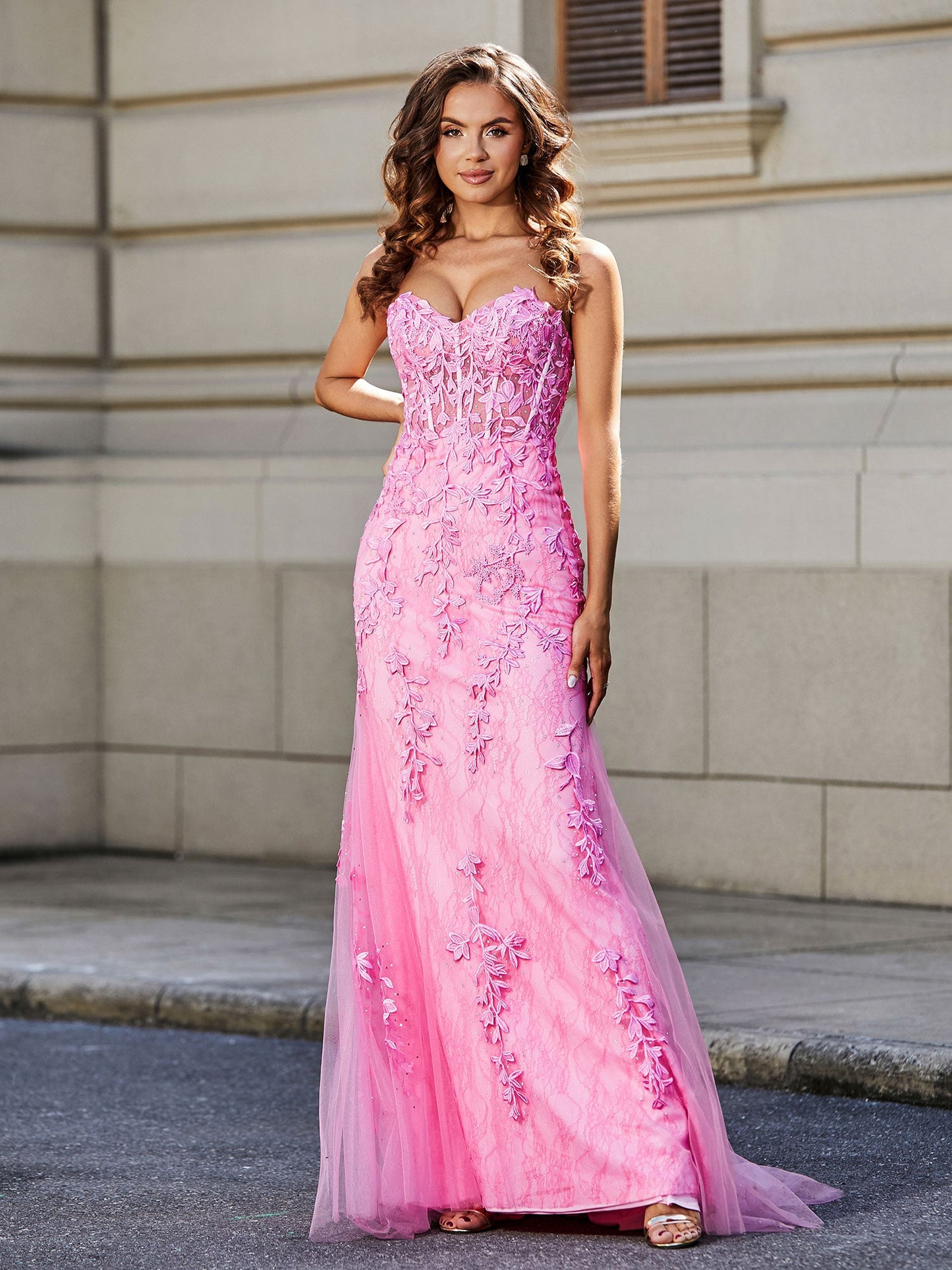 Strapless Lace Up Back Mermaid Tulle Gown Pink