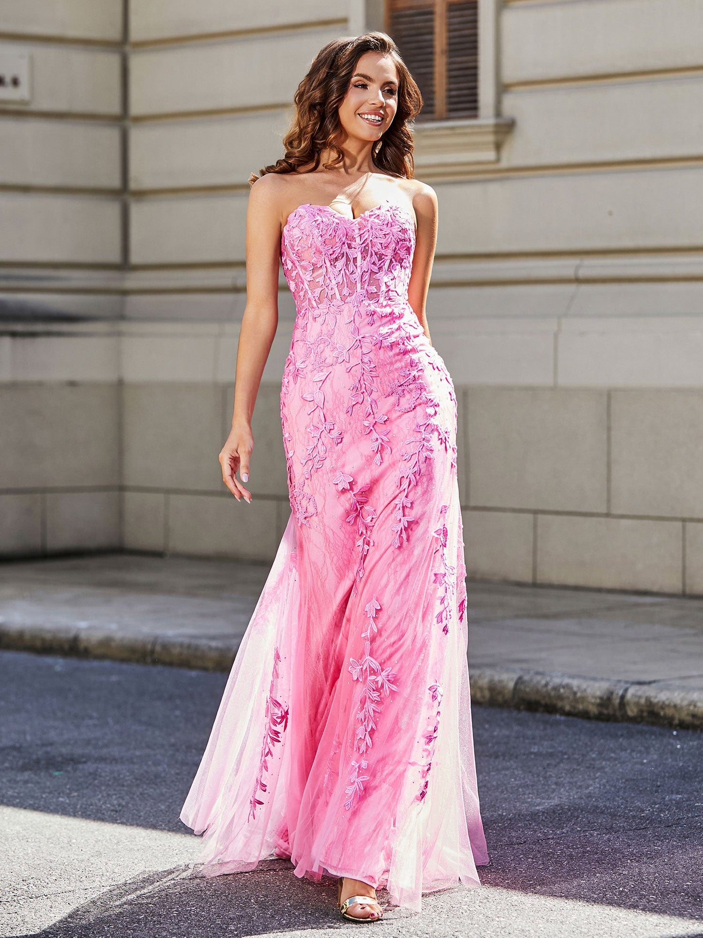 Strapless Lace Up Back Mermaid Tulle Gown Pink