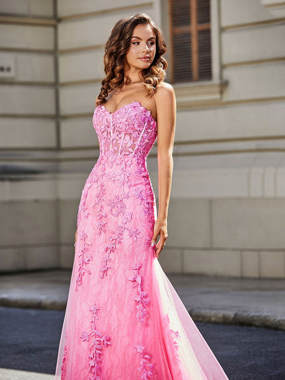 Strapless Lace Up Back Mermaid Tulle Gown Pink