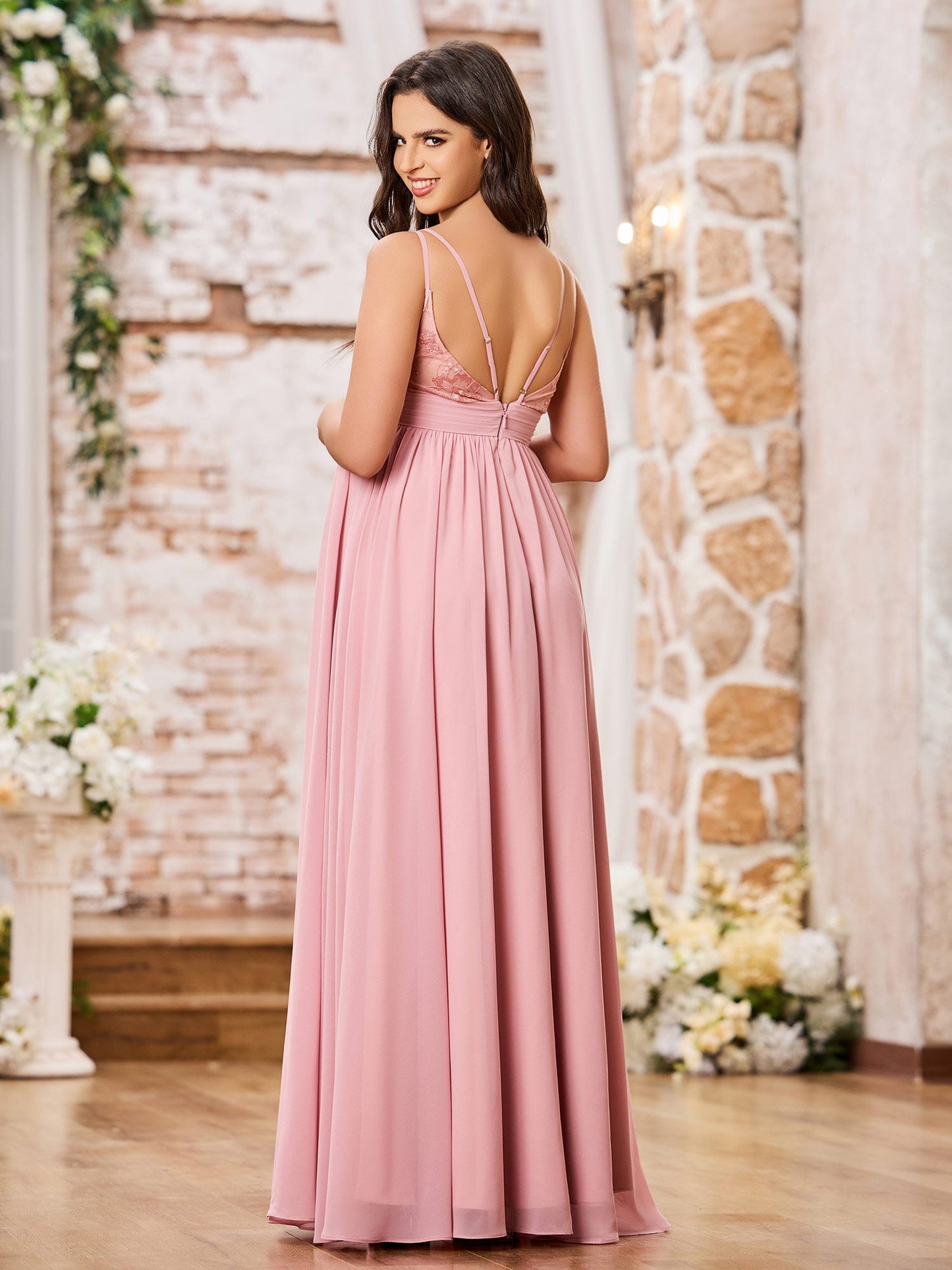 Double Spaghetti Straps Chiffon Maxi Empire Dresses Dusty Rose