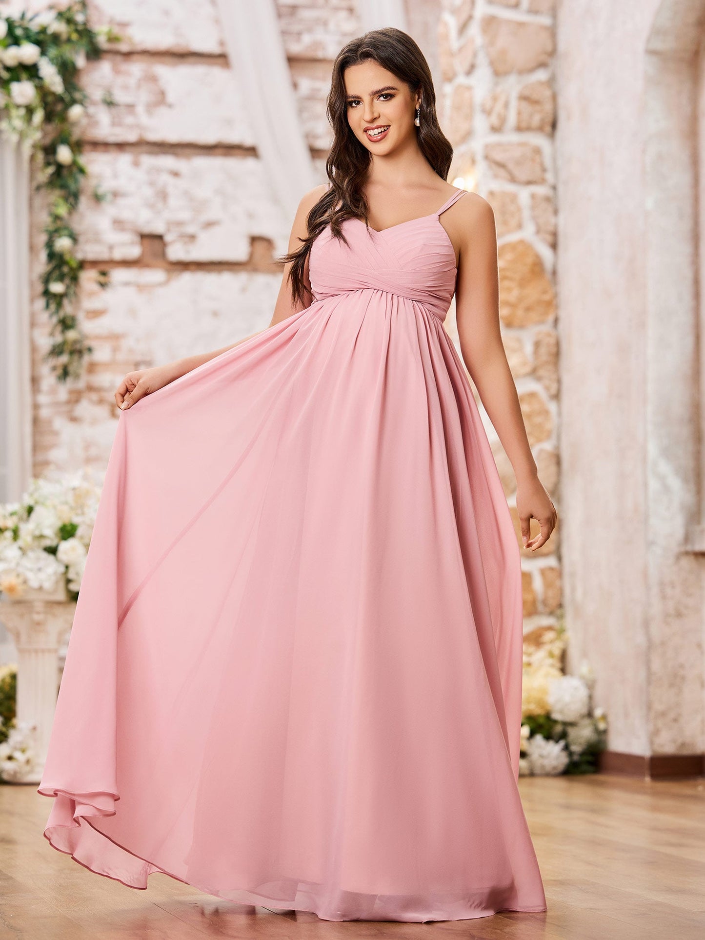 Double Spaghetti Straps Chiffon Maxi Empire Dresses Dusty Rose