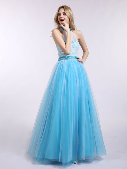 Illusion High Neck Lace and Tulle Dress-Pool