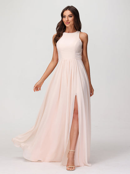 Princess Long Chiffon Dresses with Slit-Peach