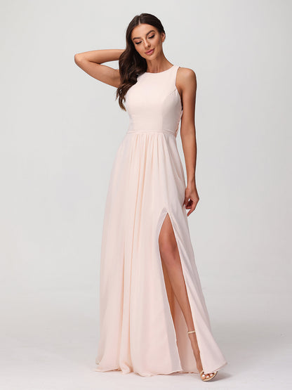 Princess Long Chiffon Dresses with Slit-Peach