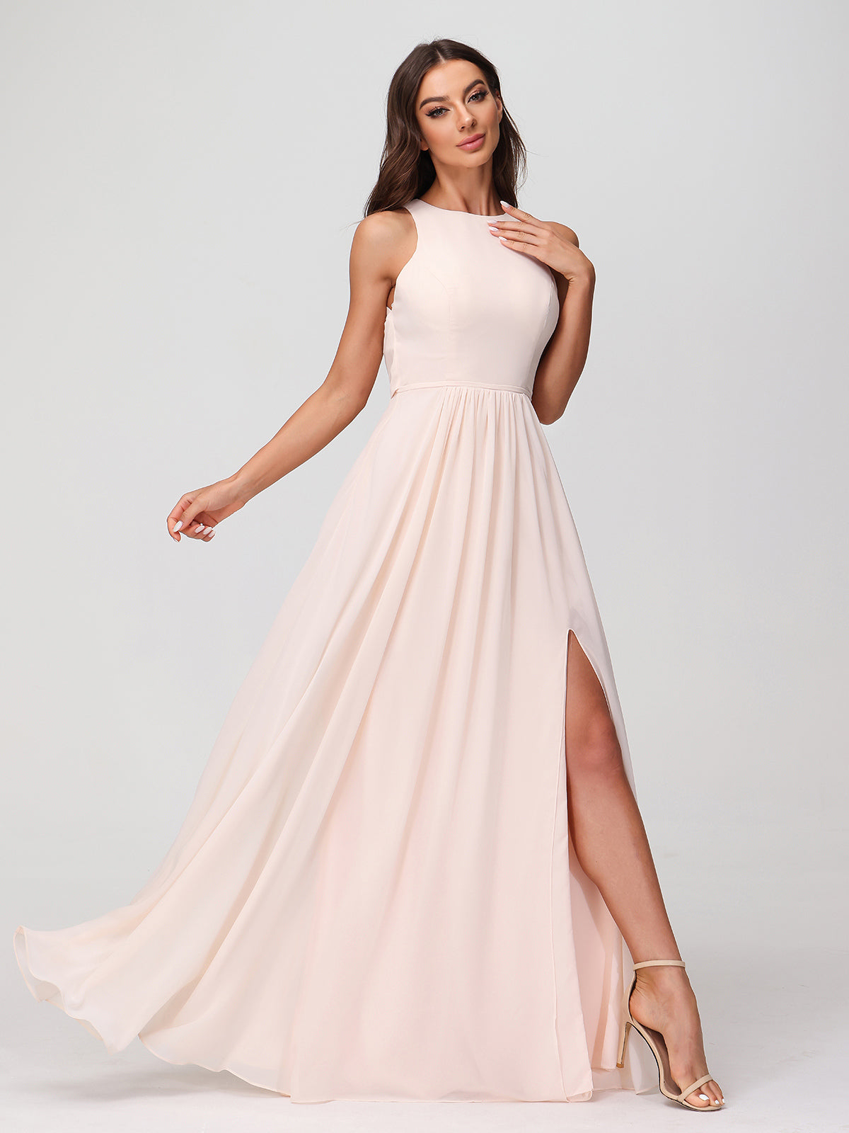 Princess Long Chiffon Dresses with Slit-Peach