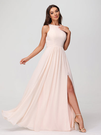 Princess Long Chiffon Dresses with Slit-Peach