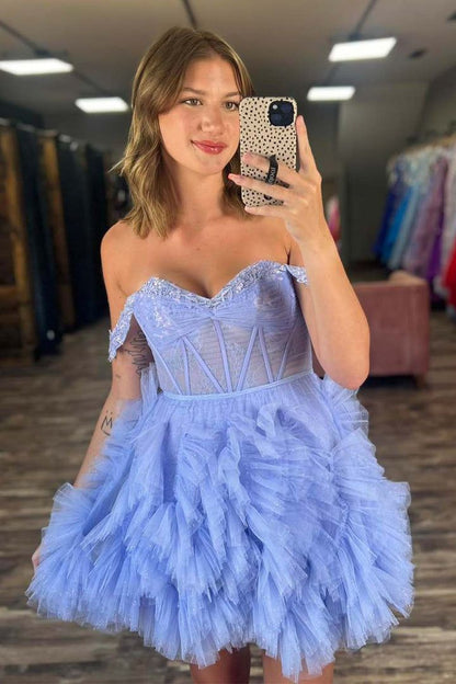 Lavender Off the Shoulder Sheer Corset Short Homecoming Dress
