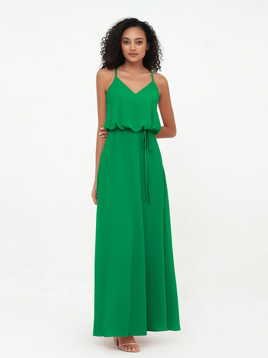 Spaghetti Staps V-neckline Chiffon Gowns-Emerald