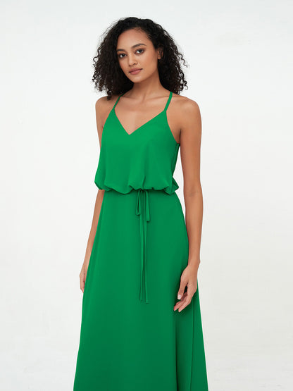 Spaghetti Staps V-neckline Chiffon Gowns-Emerald
