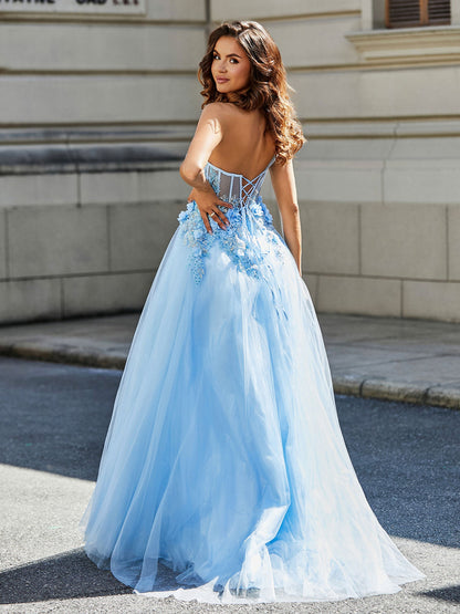 Flower Applique Bodice High Slit Tulle Dress Sky Blue