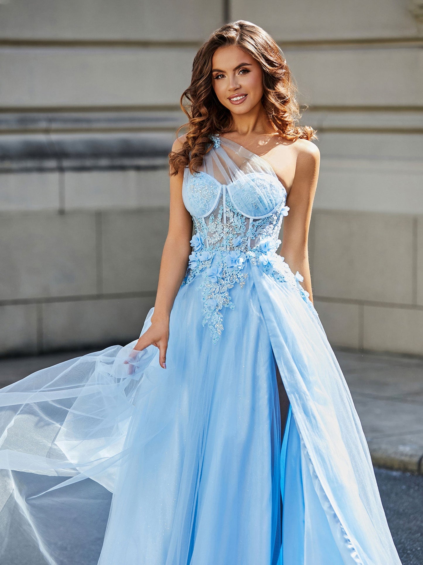 Flower Applique Bodice High Slit Tulle Dress Sky Blue