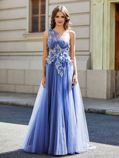Flower Applique Bodice High Slit Tulle Dress Stormy