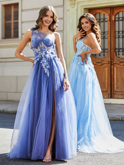 Flower Applique Bodice High Slit Tulle Dress Stormy