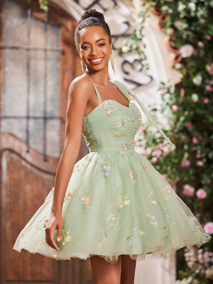 Appliqued Sweetheart Knee-length Sleeveless Dresses with Bow Dusty Sage