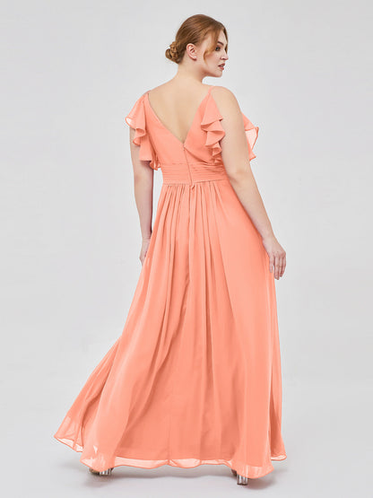 Spaghetti Strap Ruffles V-neck Chiffon Dresses Sunset