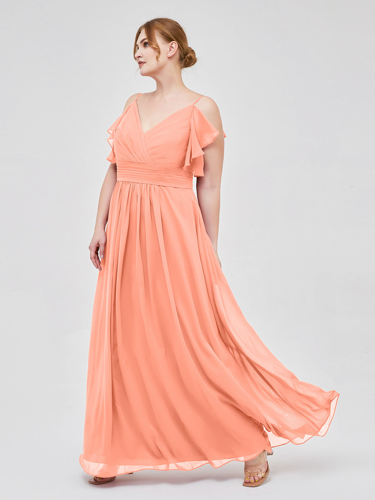 Spaghetti Strap Ruffles V-neck Chiffon Dresses Sunset
