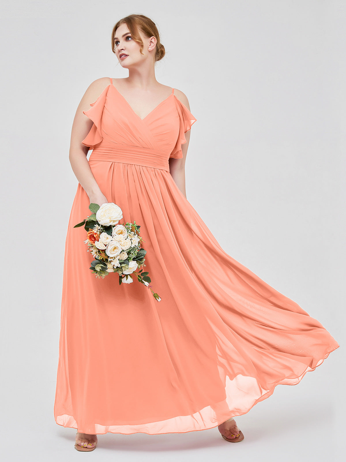 Spaghetti Strap Ruffles V-neck Chiffon Dresses Sunset