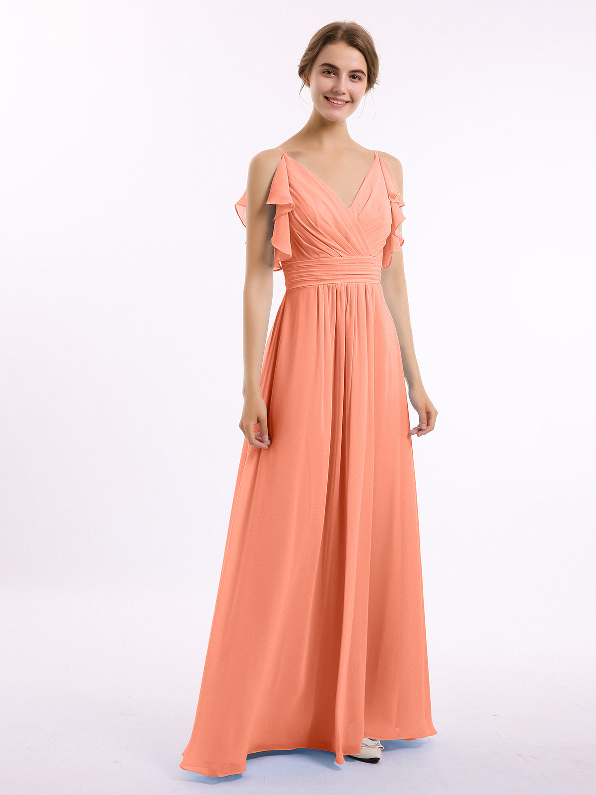 Spaghetti Strap Ruffles V-neck Chiffon Dresses Sunset