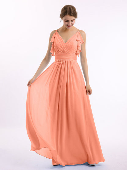 Spaghetti Strap Ruffles V-neck Chiffon Dresses Sunset