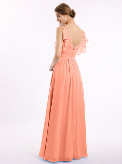 Spaghetti Strap Ruffles V-neck Chiffon Dresses Sunset