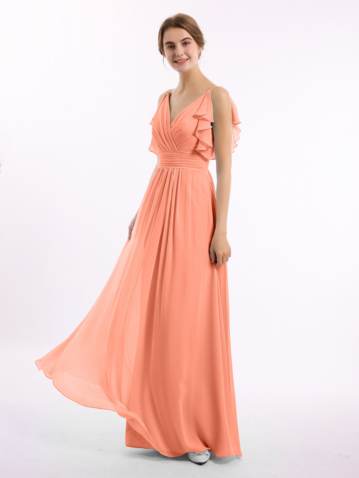 Spaghetti Strap Ruffles V-neck Chiffon Dresses Sunset
